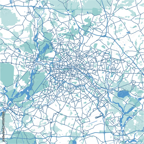 Map of Berlin in Germany in blue. Contains layered vector with roads water, parks, etc.
