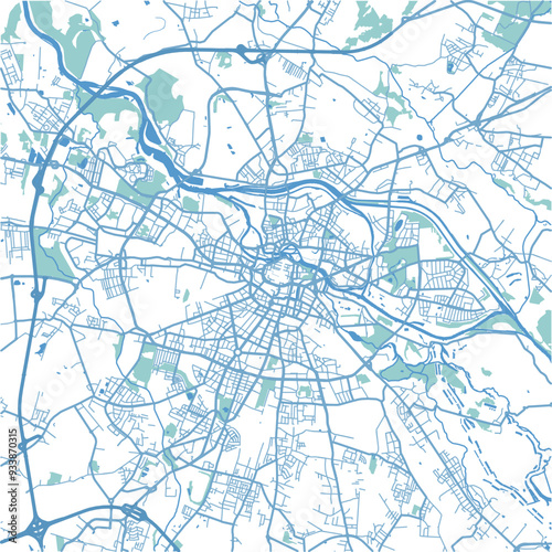 Map of Wroclaw in Poland in blue. Contains layered vector with roads water, parks, etc.