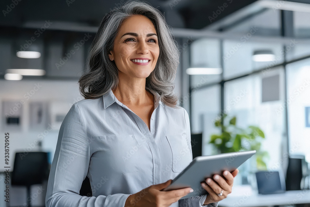 Smiling mature professional business indian woman bank manager, older happy female executive or lady entrepreneur holding digital tablet pad Smiling mature professional business indian woman bank manager, older happy female executive or lady entrepreneur holding digital tablet pad
