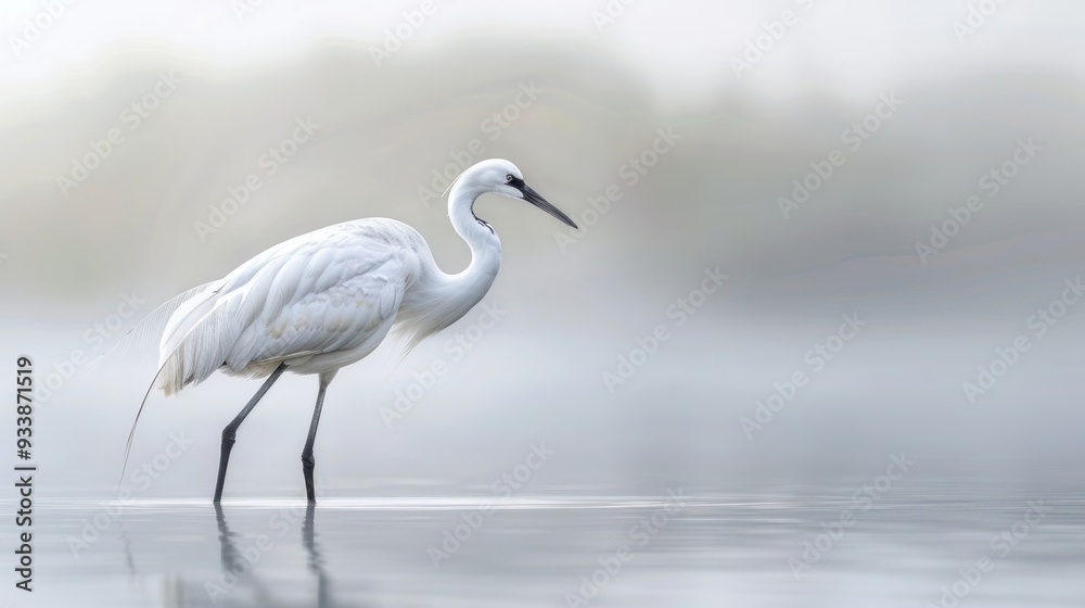 Fototapeta premium White egret wading in a misty lake.