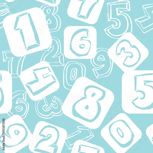 Hand drawn numbers seamless pattern for digital background, wallpaper and textile print. Cartoon style drawing. Education and finance theme, school lettering 