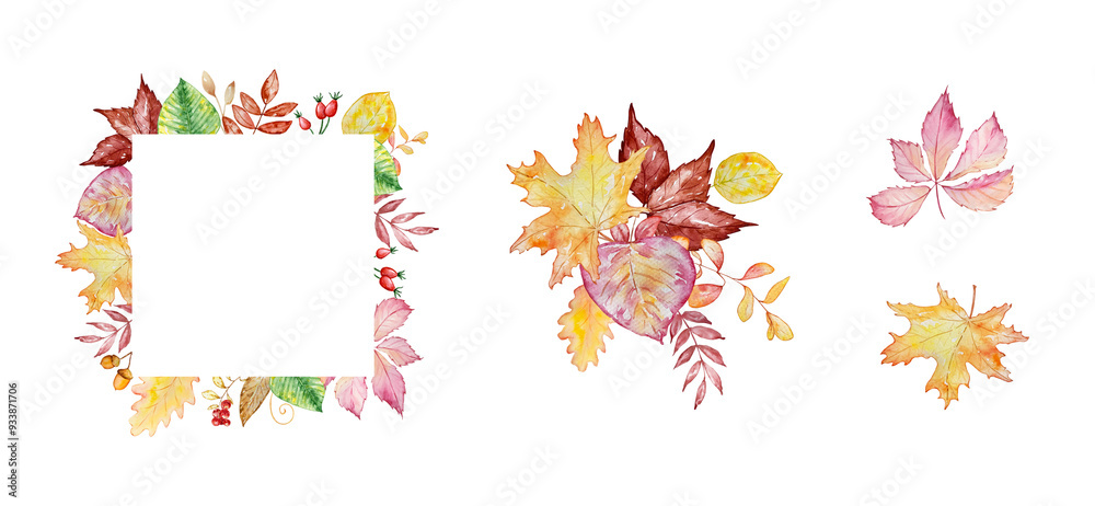 Watercolor autumn frames set with pumpkins and fall leaves Watercolor autumn frames set with pumpkins and fall leaves