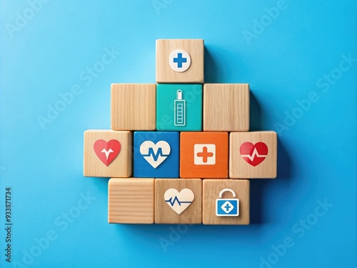 Colorful wooden blocks featuring health insurance and medical icons on a calm blue background, representing access to quality healthcare and secure medical planning. photo