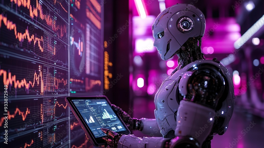 a robot from the back, holding a tablet with cryptocurrency graphs, including Bitcoin, isolated on a white background with violet tones. a robot from the back, holding a tablet with cryptocurrency graphs, including Bitcoin, isolated on a white background with violet tones.