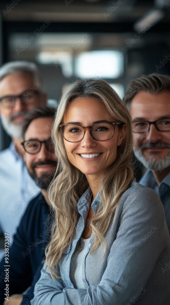 A diverse group of four professionals smiles warmly, embodying collaboration and innovation in a contemporary workspace filled with natural light A diverse group of four professionals smiles warmly, embodying collaboration and innovation in a contemporary workspace filled with natural light