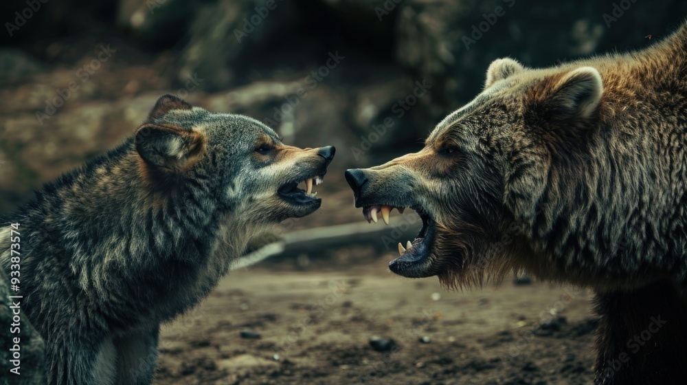 Obraz premium Wolf and Bear Facing Off.