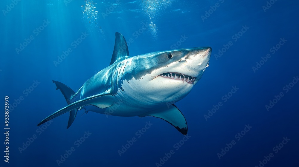A massive white shark submerges itself in the blue ocean. sharks in their natural habitat. Underwater marine life in the blue ocean. study of the animal kingdom. Adventure scuba diving in the Caribbea A massive white shark submerges itself in the blue ocean. sharks in their natural habitat. Underwater marine life in the blue ocean. study of the animal kingdom. Adventure scuba diving in the Caribbea