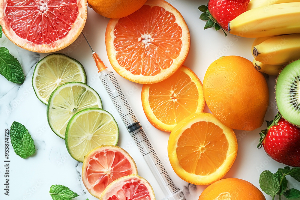 Fresh citrus fruits and a syringe symbolizing the concept of vitamin injections or nutrition enhancement Fresh citrus fruits and a syringe symbolizing the concept of vitamin injections or nutrition enhancement