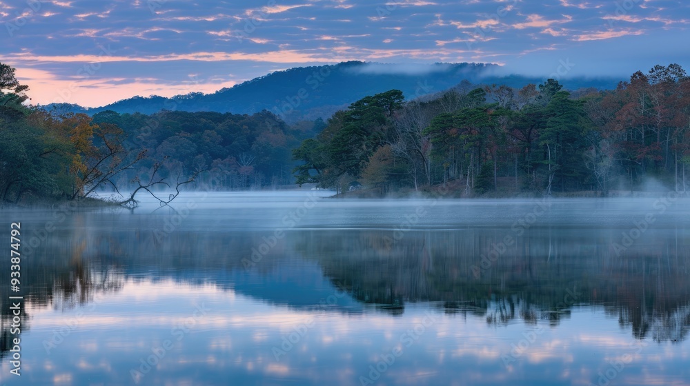 A lake with a foggy sky in the background