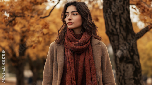 Woman in warm coat and scarf walking down autumn street