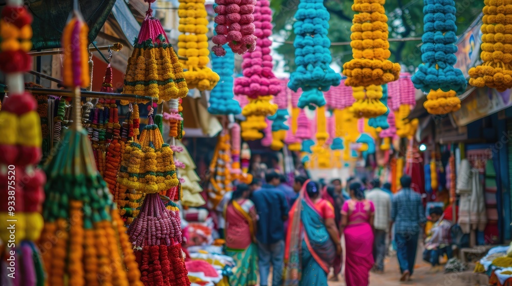 Fototapeta premium A colorful market with people walking around and hanging decorations