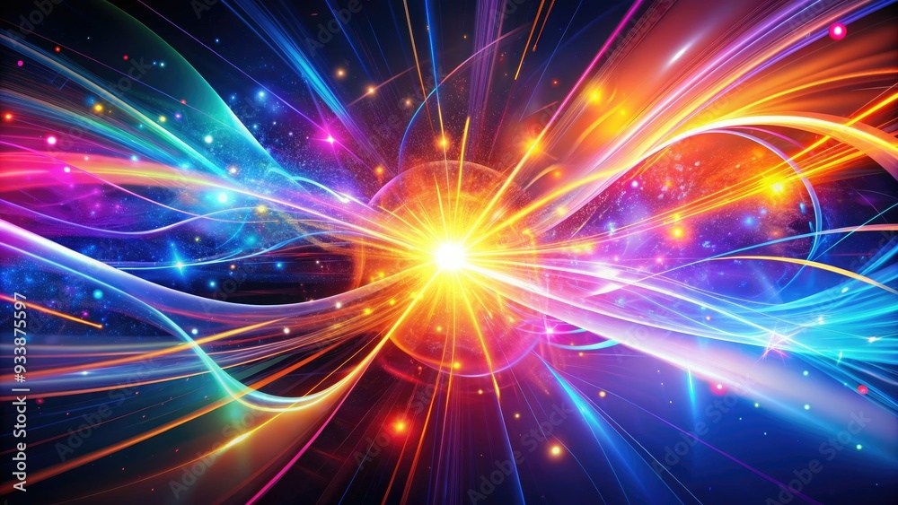 Naklejka premium Vibrant, futuristic energy concept illustration featuring abstract shapes and lines in bright neon colors, bursting with dynamic motion and radiant light.