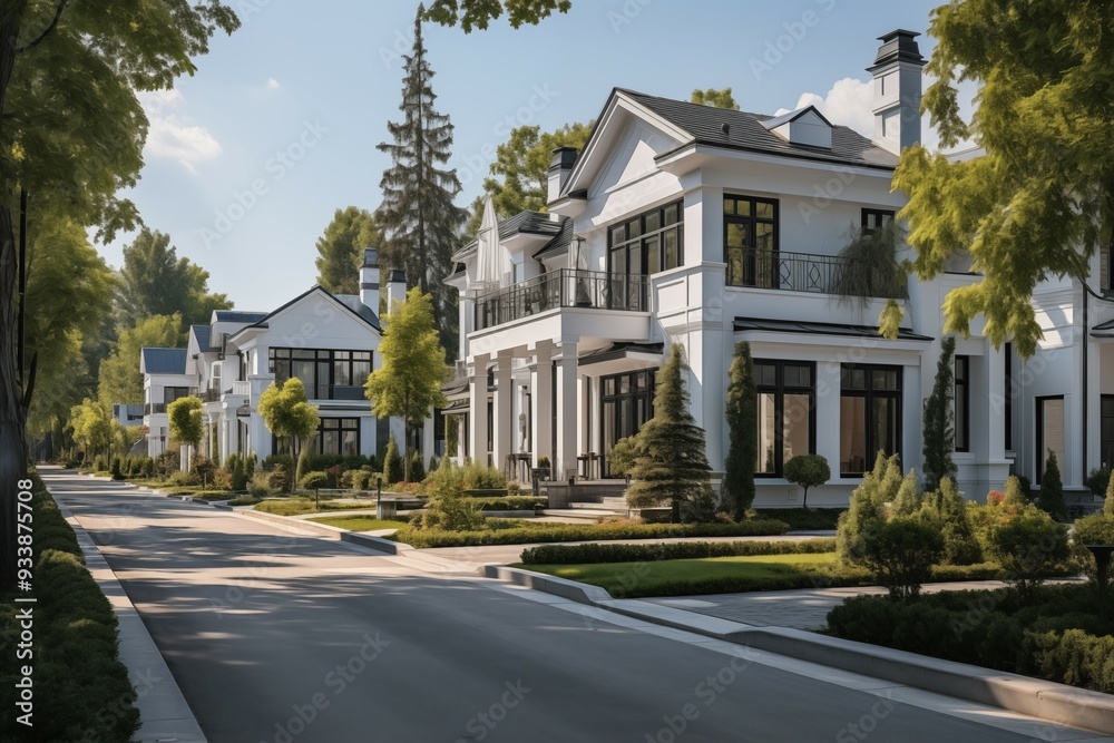 Luxury village road with beautiful and modern houses on the side of the road Luxury village road with beautiful and modern houses on the side of the road