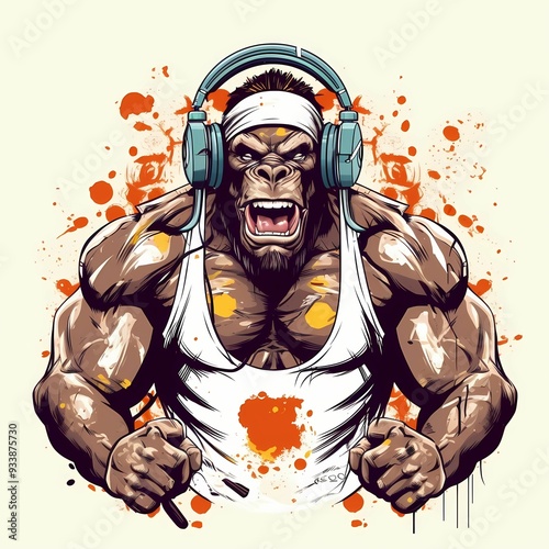 A muscular gorilla wearing headphones celebrates with vibrant colors and energetic expression