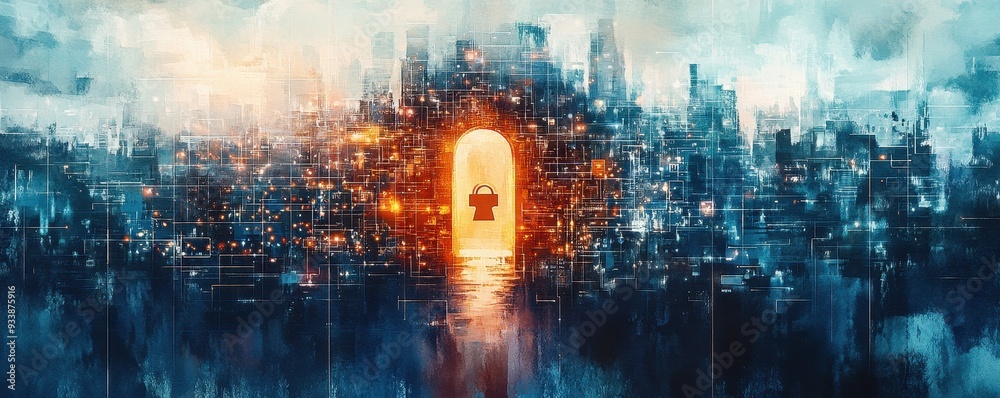 Fototapeta premium Quantum encryption protecting financial data, cybersecurity in watercolor