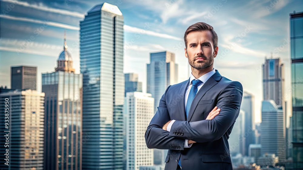 Confident business leader standing in front of a city skyline, arms crossed, looking out at the viewer with a determined expression on their face. Confident business leader standing in front of a city skyline, arms crossed, looking out at the viewer with a determined expression on their face.