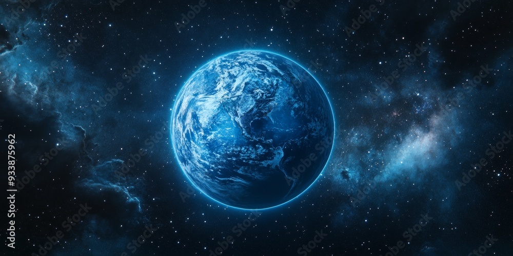 Obraz premium Majestic blue planet with intricate cloud formations, glowing under soft starlight, surrounded by distant nebulae and cosmic dust