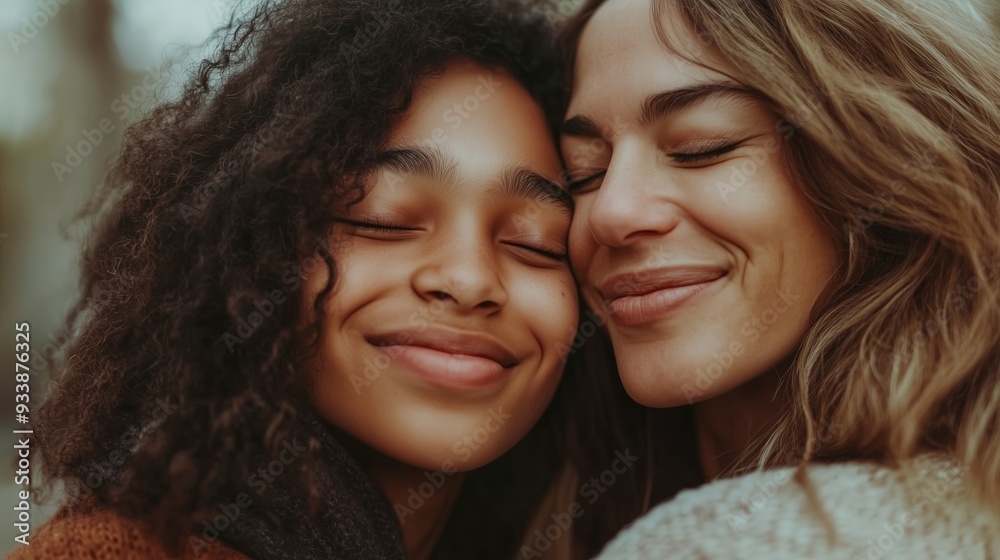 Two women smiling and embracing outdoors during a warm afternoon in a natural setting Two women smiling and embracing outdoors during a warm afternoon in a natural setting