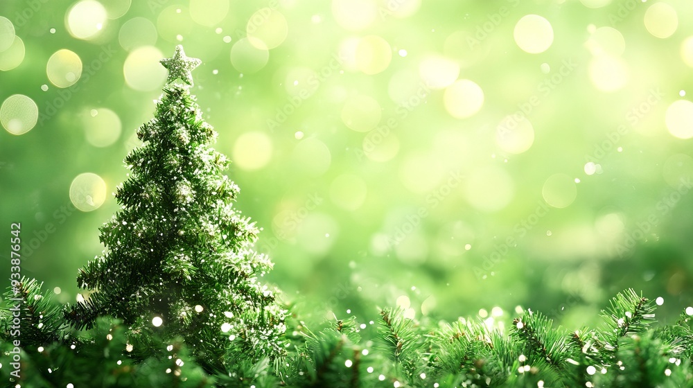 Christmas tree surrounded by greenery with soft glowing lights Christmas tree surrounded by greenery with soft glowing lights