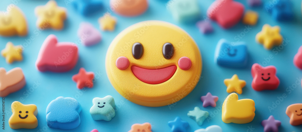 scene features a smiley face encircled by symbols of positivity, including thumbs-up icons scene features a smiley face encircled by symbols of positivity, including thumbs-up icons