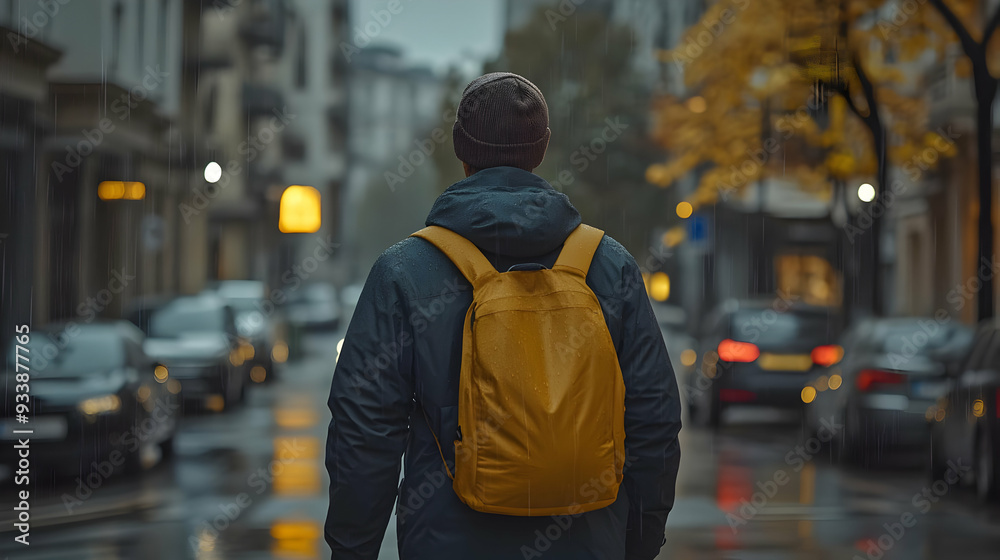 Fototapeta premium Man Walking in Rain with Backpack on City Street in Autumn