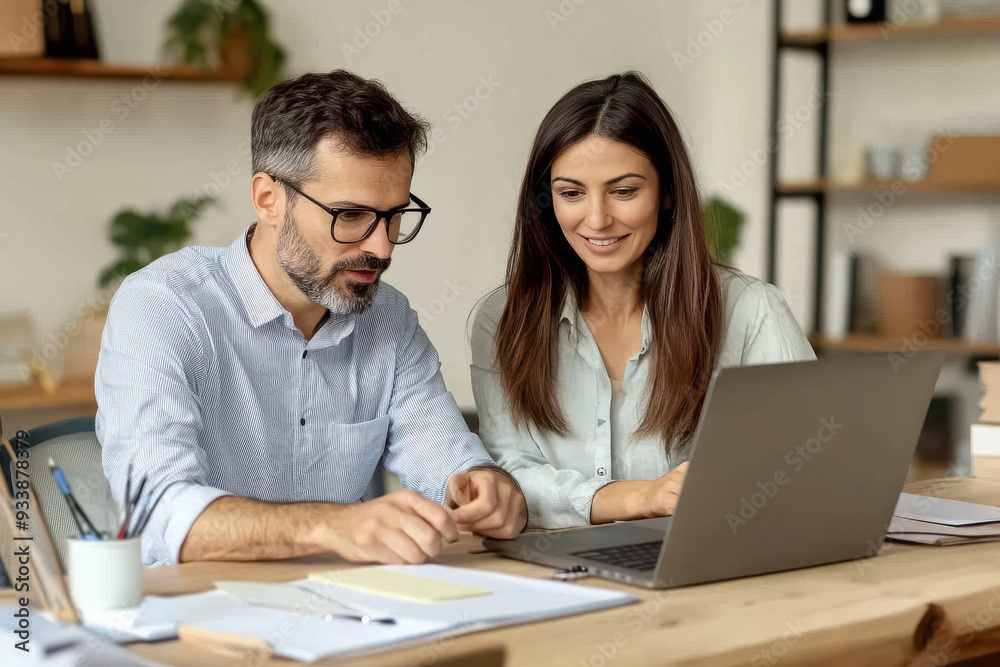 Fototapeta premium Two busy colleagues working together talking using laptop in office.