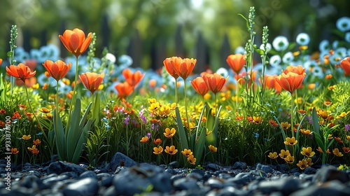 3D Illustration of a Colorful Spring Flower Garden with Orange Tulips