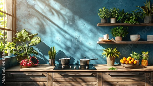 Beautiful rustic kitchen with plants and fruits in natural light photo
