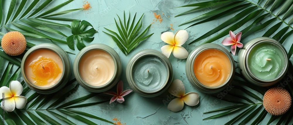 A row of small containers of lotion are arranged on a table with green leaves