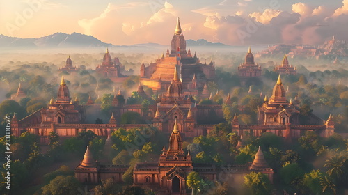 Wallpaper Mural The ethereal city of temples and world heritage, Bagan, Myanmar with Hot air balloons and misty aerial views of Pagodas. Torontodigital.ca
