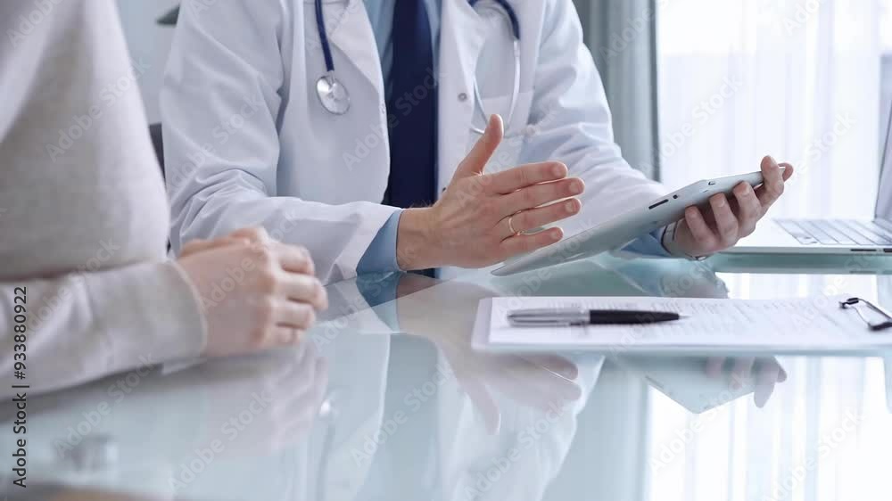 Doctor consultation with patient in modern clinic office. Healthcare professional discusses medical information with a woman, holding a tablet computer. Medicine concept Doctor consultation with patient in modern clinic office. Healthcare professional discusses medical information with a woman, holding a tablet computer. Medicine concept