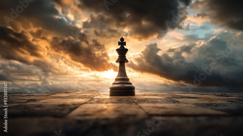 A chess champion holding a trophy against a dramatic stormy sky, symbolizing the ultimate win