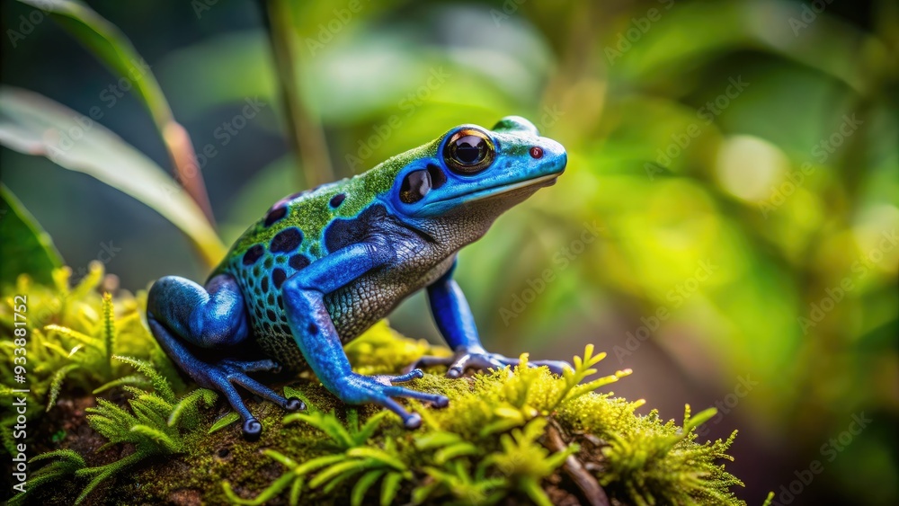 Vibrant green and blue poison dart frog perches on a moss-covered leaf in a lush, misty Costa Rican rainforest, showcasing its exotic beauty. Vibrant green and blue poison dart frog perches on a moss-covered leaf in a lush, misty Costa Rican rainforest, showcasing its exotic beauty.