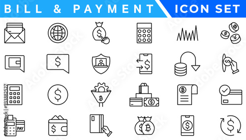 Payment icon set. Business and finance payment collection with money, banking, credit card, exchange, cash and transaction symbol.