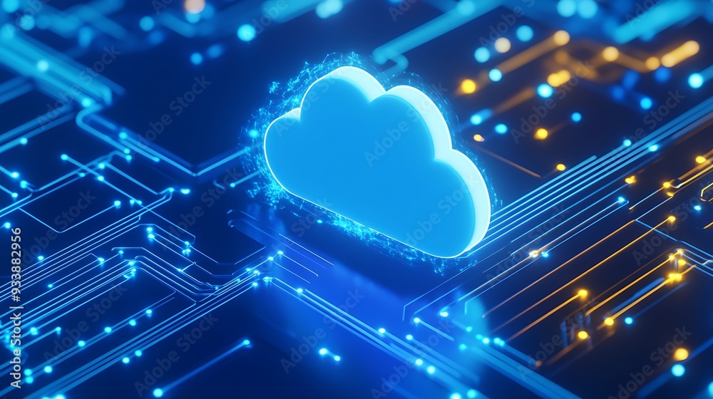 A glowing cloud icon surrounded by digital circuit lines symbolizes cloud computing and data storage in a futuristic setting. A glowing cloud icon surrounded by digital circuit lines symbolizes cloud computing and data storage in a futuristic setting.