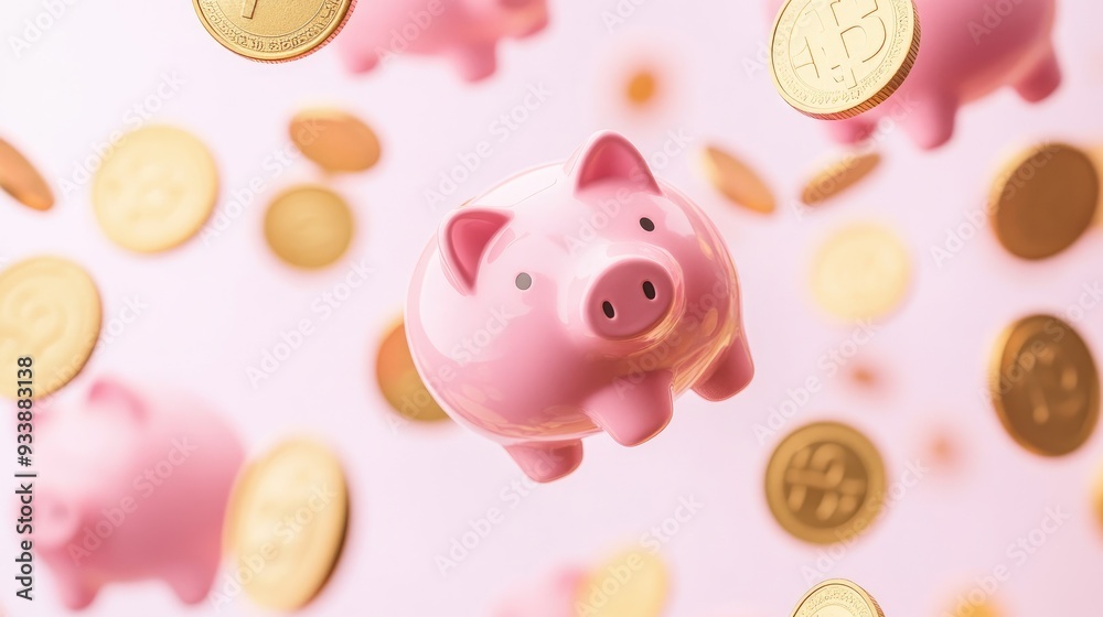 Multiple pink piggy banks and gold coins floating against a blank background, representing the abundance of savings and wealth. Multiple pink piggy banks and gold coins floating against a blank background, representing the abundance of savings and wealth.
