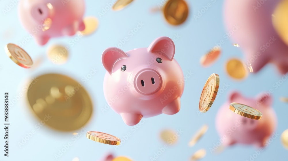 Multiple pink piggy banks and gold coins floating against a blank background, representing the abundance of savings and wealth. Multiple pink piggy banks and gold coins floating against a blank background, representing the abundance of savings and wealth.