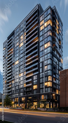 A striking luxury building with illuminated windows stands tall against the evening sky, inviting residents to a lavish lifestyle