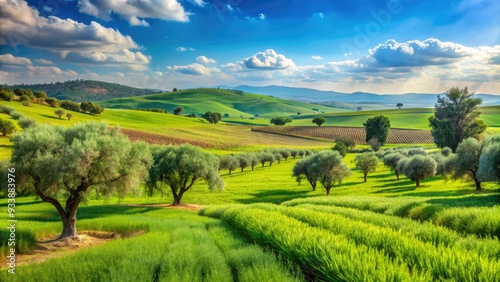 Vibrant green fields of wheat and olive trees stretch towards the horizon in a serene rural landscape in northern Israel on a sunny day.