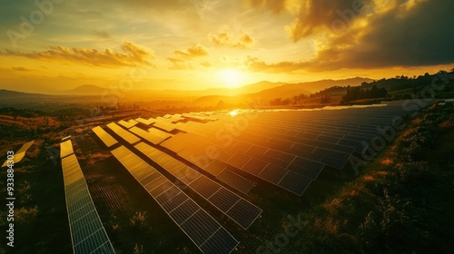 Solar panel produces green, environmentaly friendly energy from the setting sun. Aerial view from drone. Landscape picture of a solar plant that is located inside a valley with generative ai photo