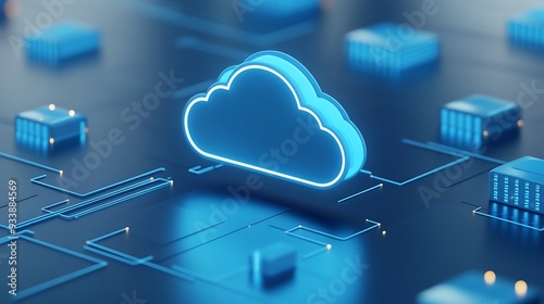 Blue cloud networking technology concept on a futuristic digital motherboard with connections and server units. Cloud computing and data storage.