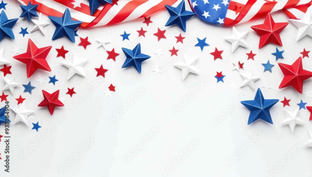 Fototapeta premium red, white, and blue stars with an American flag banner on a white background, American national colors, American flag elements, red stripes and white space for text Generative AI