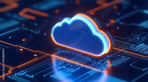 Bright glowing cloud icon on a digital abstract background, representing cloud computing and modern technology solutions.