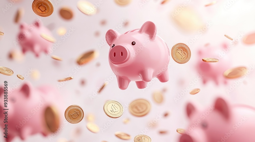Pink piggy banks and gold coins floating in the air, with a vast empty space for text, symbolizing financial success and saving strategies. Pink piggy banks and gold coins floating in the air, with a vast empty space for text, symbolizing financial success and saving strategies.