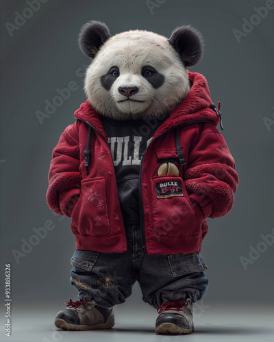 Adorable panda in a red jacket and casual clothes, standing confidently photo