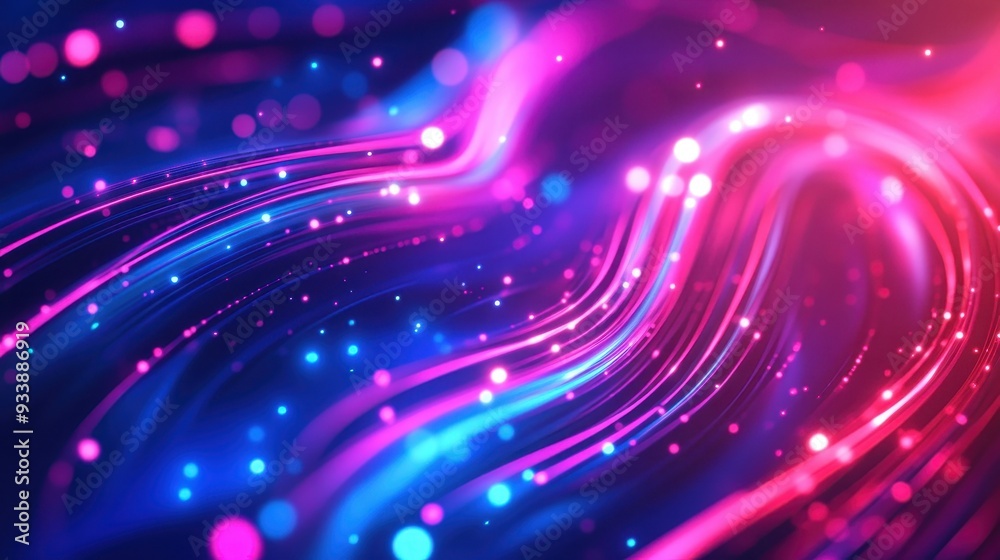 Fototapeta premium Abstract banner with fuchsia indigo bright neon curves and shimmering lights Digital movement notion
