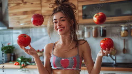  Athletic woman in gym wear juggling tomatoes and apples in a modern kitchen. photo