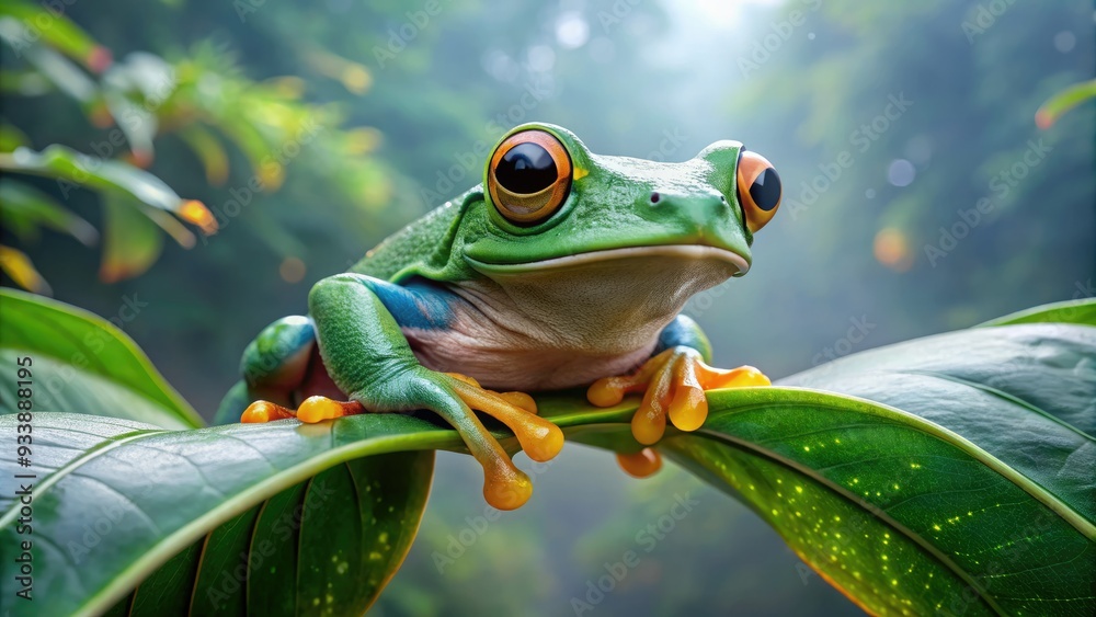 Vibrant green tree frog with big round eyes and sticky pads on its feet perches on a leaf in a misty rainforest environment. Vibrant green tree frog with big round eyes and sticky pads on its feet perches on a leaf in a misty rainforest environment.