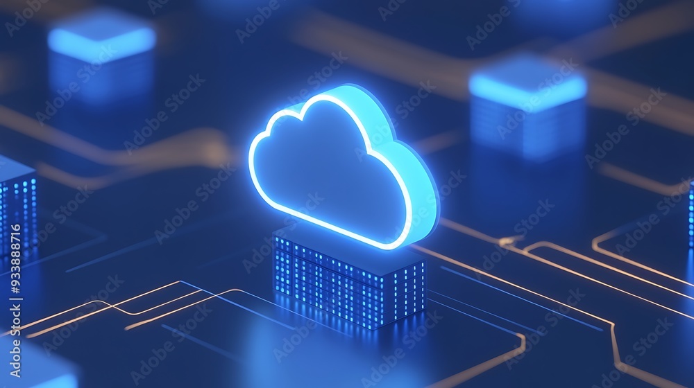 Digital rendering of a glowing cloud icon representing cloud computing technology, data storage, and modern IT infrastructure. Digital rendering of a glowing cloud icon representing cloud computing technology, data storage, and modern IT infrastructure.