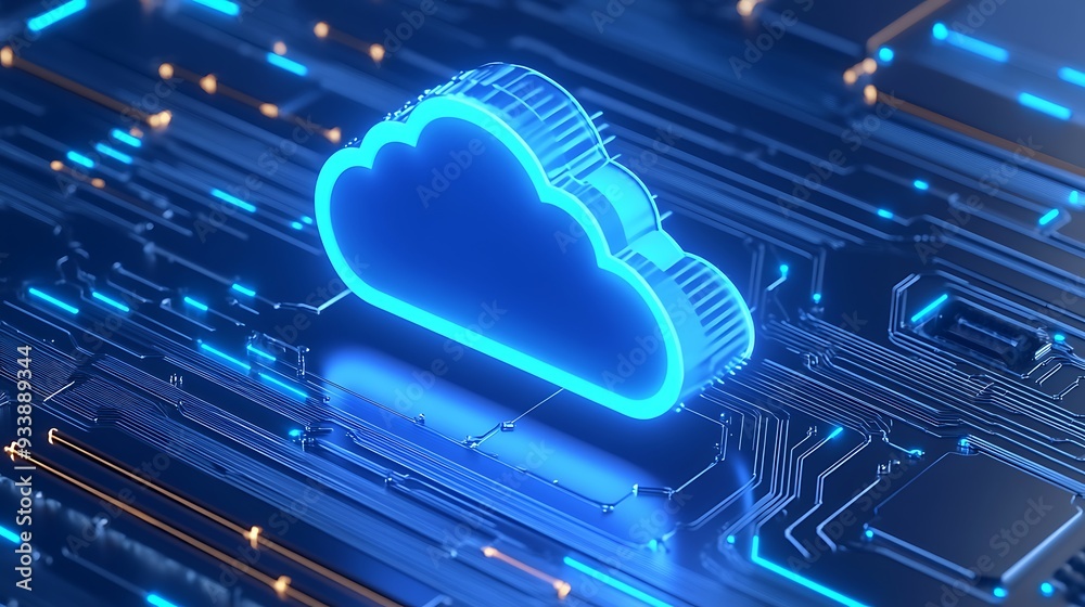 Futuristic 3D cloud computing concept. Blue glowing cloud icon on circuit board, representing data storage and technology. Futuristic 3D cloud computing concept. Blue glowing cloud icon on circuit board, representing data storage and technology.